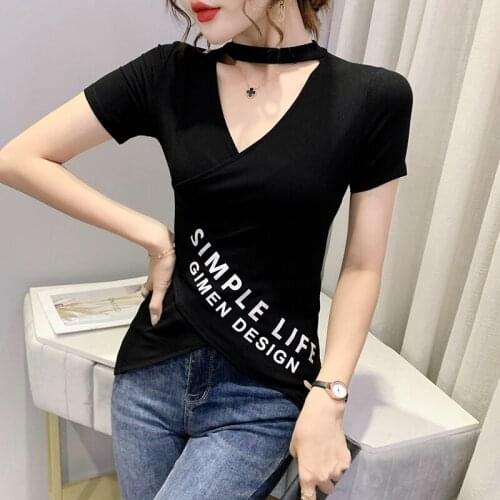 2021Fashion Letter Print T Shirt Women Short Sleeve V Neck Slim Tshirt Summer Women Tee Shirt Tops Clothes