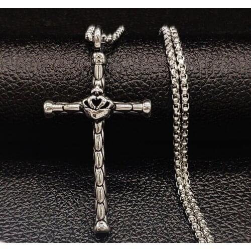 2021 Fashion Cross Stainless Steel Mens Necklace Silver Color Long Necklaces Pendants Jewelry colgante hombre N19108