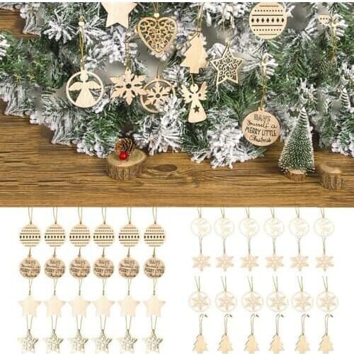 24PCS Wooden Christmas Hanging Ornament Snowflake Elk Christmas Tree Shape Wood Hanging Decoration Xmas Tree Ornament