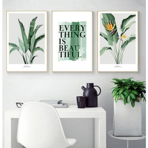 Nordic Decoration Green Plant Leaves Wall Art Canvas Poster Quotes Print Painting Decorative Pictures for Living Room Home Decor