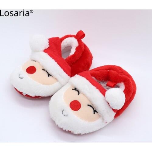 Losaria Baby Shoes Winter 0-18 Months Coral Fleece Embroidered Santa Claus Soft Sole Floor Shoes for Toddlers Thicken Keep Warm