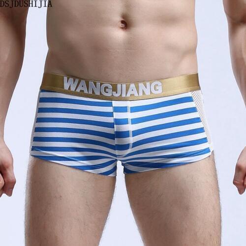 Men Boxers Underwear Cotton Striped Shorts Pouch Trunks Mesh Hollow Out Underwear Patchwork Boxers Breathable Underpants S-XL