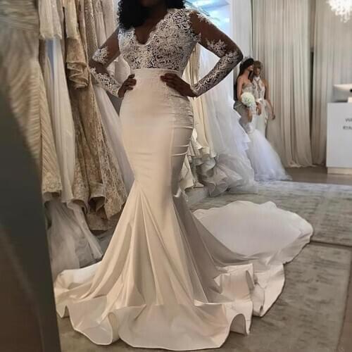 Elegant V-neck Mermaid Wedding Dress Long Sleeves Lace Appliqued Silk Satin Court Train vestido de noiva Wedding Gowns For Bride