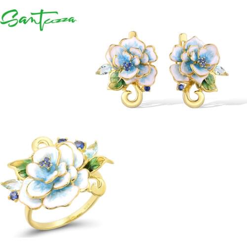 SANTUZZA Pure 925 Sterling Silver Jewelry Set For Women Gold Color Elegant Blue Flower Shiny Zirconia Enamel Party Fine Jewelry