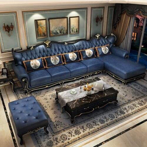 European style four person real leather solid wood carved sofa small family living room furniture new classical American