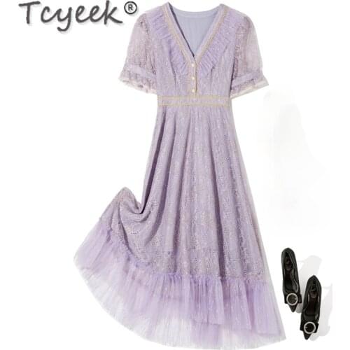 Tcyeek Summer Dresses for Women 2021 Beach Lace Dress Korean Fashion Elegant Purple Dress Female Party Vestido De Mujer Gxy24