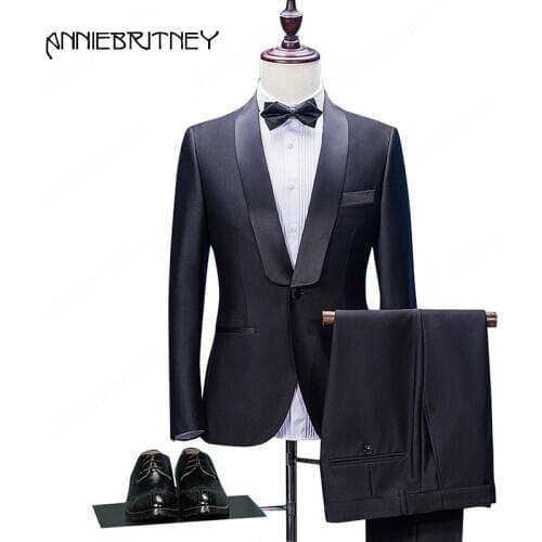 Black Men Suits for Wedding with Satin Shawl Lapel Mens Classic Suit 2 Pieces Handsome Groom Tuxedos Slim Fit Men Blazer Jacket