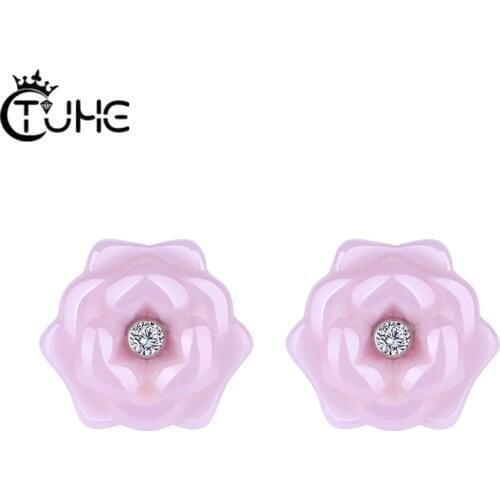 Elegant Style Flower for Women Earrings Cute Pink Ceramic Stud Earrings Small Fresh Earrings Flowers Jewelry With AAA CZ gift