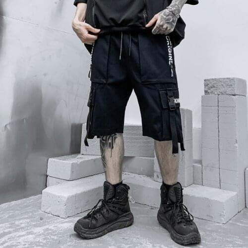 High Street Shorts Male Summer Streetwear Pants Loose Fashion Hip Hop Style Cargo Pants Black Wind Ribbon Popular Pocket Shorts
