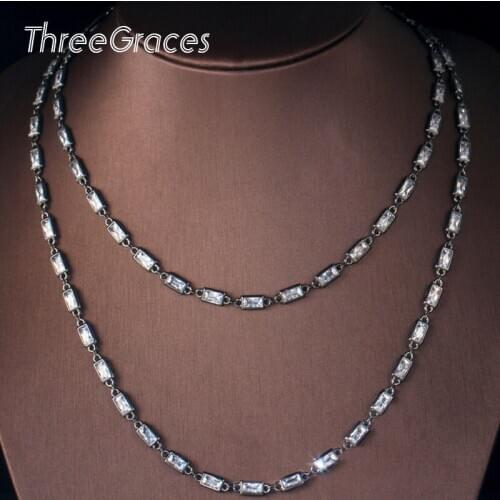 ThreeGraces Multiple Layer Necklaces for Women Clear CZ Rectangle Shape Black Gold Charming Long Necklace Party Jewelry PN106