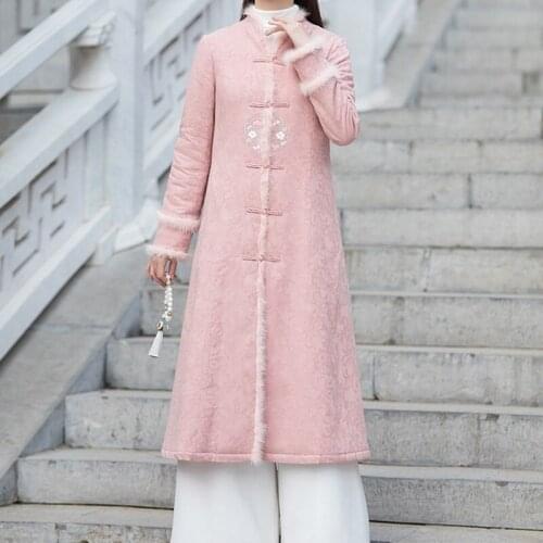 Traditional Chinese New Year Clothes For Woman Winter Thick Cheongsam Dress Cotton Linen Vintage Wool Female Qipao Coat 12038