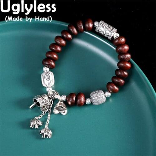 Uglyless Elastic Rope Exotic Wooden Bracelets for Women Thai Silver Sandalwood Bracelets Real 925 Silver Charms Jewelry Ethnic