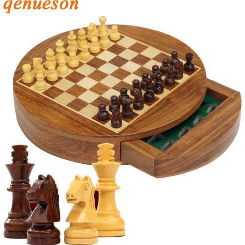 Mini Upscale Circle Solid Wood Magnetic Drawer Chess Portable Non-slip Pieces Box Exquisite Puzzle Convenient Storage Board Game
