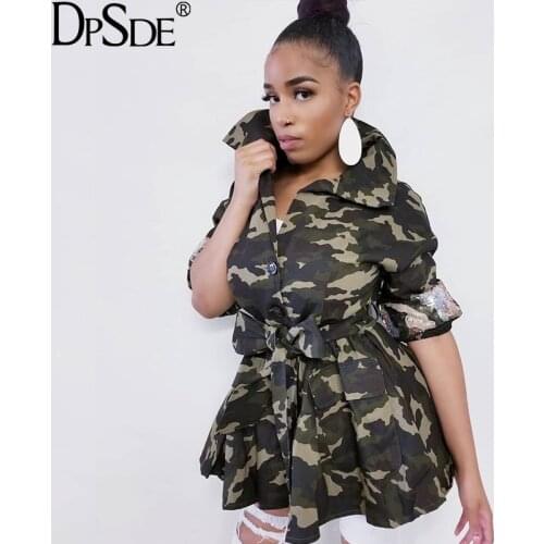 DPSDE Camouflage Back Sequnins Casual Women Coat Full Sleeves Show Thin Coat With Belt New 2020 Autumn Turn Down Collar Outwear