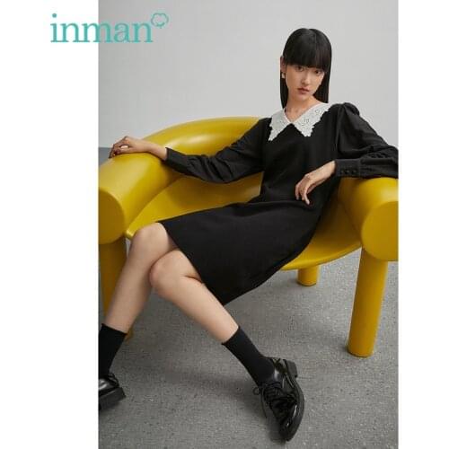 INMAN Autumn Woolen Dress With Bandage Women White Hollow Embroidered Collar Design V-Neck Long Sleeve Black One-Piece