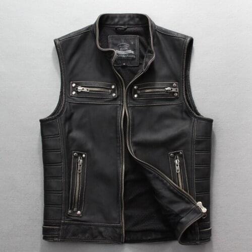 Mens rivet motorcycle with sleeveless vintage slim fit genuine leather vest men pocket biker jacket for male