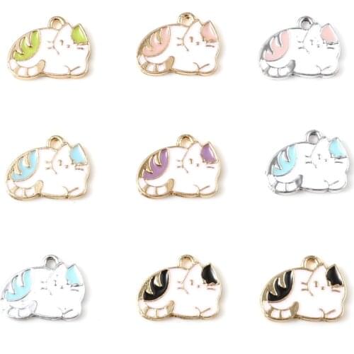 10PCs Cute Sleeping Cat Charms Pendant For Women Necklace Making Zinc Based Alloy Charms Multicolor Animal Enamel Charms Pendant
