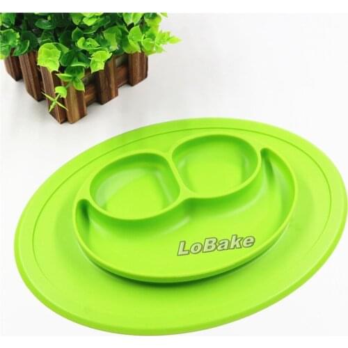 3 compartments oval smiling face shape silicone lunch box tray with fixed sucker kids bento dishes plate dinner silicone mold