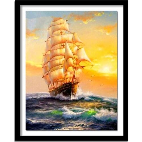 3D DIY Diamond Landscape Grand Sailboat Sunset Ocean Full Diamond Painting Beaded Embroidery Diamond Painting Sailboat