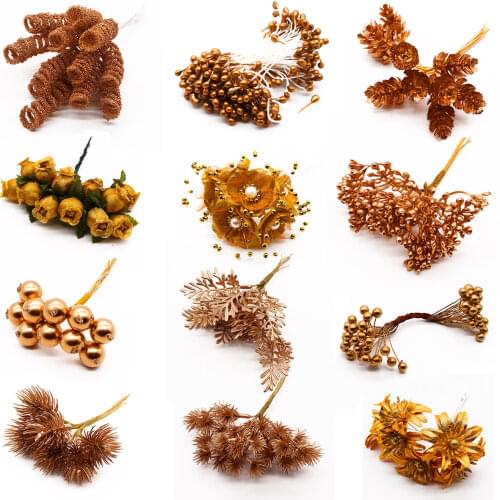 6/10/12/20/24/200pcs Gold Mixed Hybrid Flower Cherry Stamen Berries Bundle DIY Cake Christmas Wedding Gift Box Wreaths Decor