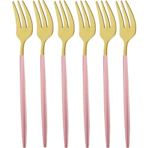 6Pcs Fruit Fork 304 Stainless Steel Cake Forks Pink Gold Colourful Tea Fork Dinnerware Set Hotel Party Restaurant Supplies