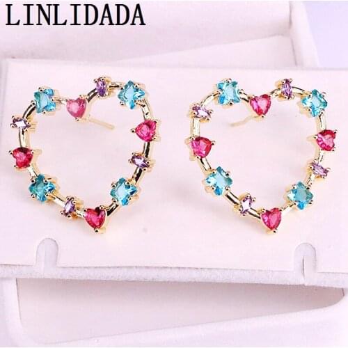 8Pairs Rainbow Cz Zirconia Micro Pave Gold Color Heart Earring Studs For Women Girls Trendy Multicolor Party Jewelry