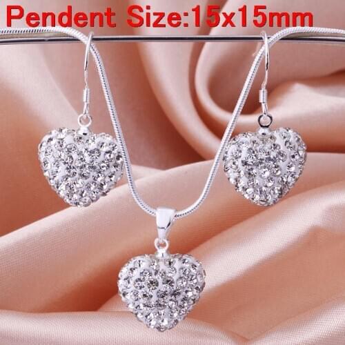 White Clear Crystal 15x15mm Heart Pendant Necklace Earrings for Women Jewelry Sets Silver Color Valentines Day Gifts Female