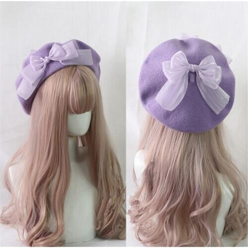 Handmade Lolita Berets Wool Blend Hat Women Girls Lace Bow Women Winter Cap B1587