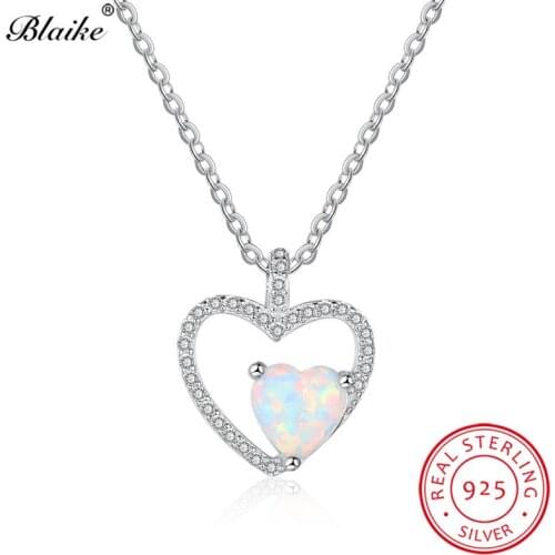 Blaike Hollow Double Heart Clavicle Necklace White Fire Opal Pendants Solid S925 Pure Silver Women Wedding Fine Jewelry Gifts