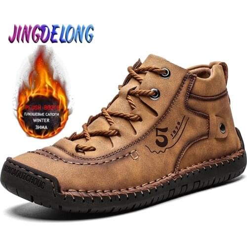 Classic Winter Mens Boots Warm Fur Genuine Leather Mens Snow Boots Plush Waterproof Handmade Outdoor Mens Motorcycle Boots