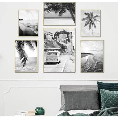 Black And White Tour Bus Poster Landscape Nordic Poster Wall Art Oil Painting Tropical Resort Beach Canvas Printing Home Decor