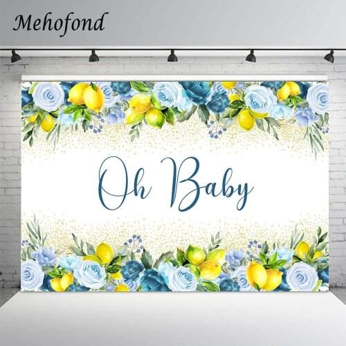 Mehofond Lemon Oh Baby Backdrop Blue Flower Gold Polka Dots Newborn Boy Baby Shower Photography Background Photophone Banner