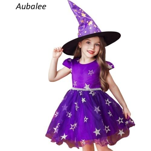 Little Girls Baby Halloween Witch Costume Wizard Cosplay Short Sleeve Tutu Dress Kids Party Gowns Star Pattern Princess Dress