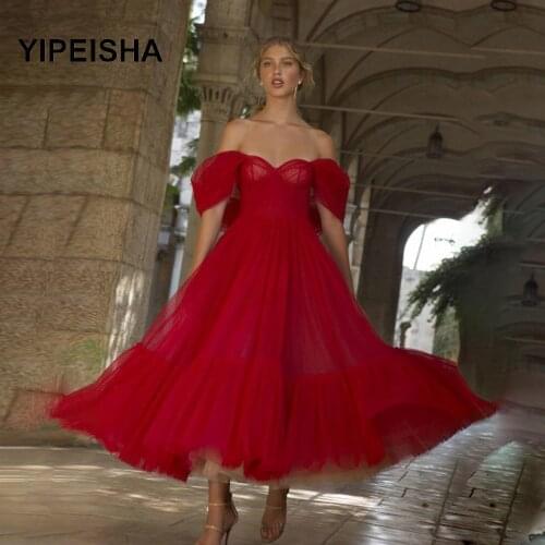 Red Off Shoulders Evening Midi Dresses With Layer Upon Layer Of Plisse Tulle Ankle Length A Line Lady Formal Party Gowns