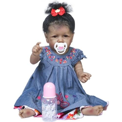 NPK 55cm reborn girl doll saskia in dark brown skin color popular boneca bebe silicone full body silicone African American baby