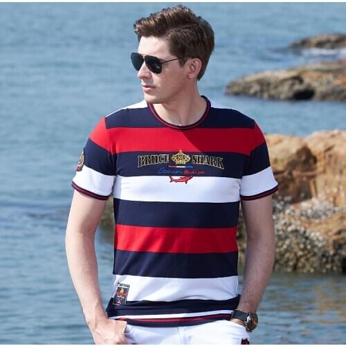 Mercerized Cotton Men T-Shirt Tops Male Tees Fashion Bruce&Shark nice embroidery Short Round T-Shirt Cotton Striped Plus size