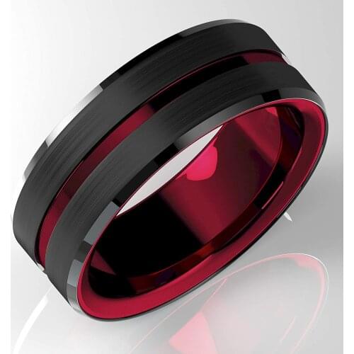 Mens Fashion 8MM Black Brushed Ladder Edge Tungsten Steel Ring Red Groove Wedding Ring Men’s Valentine Gift