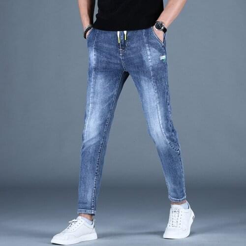 Mens Fashion Spliced Blue Jeans Men Summer Casual Embroidery Slim Fit Pencil Pants