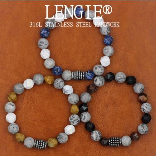 Natural Map Stone Mens Beaded Bracelet Stainless Steel Cylinder Bracelets Male Women Jewelry Red Tiger eye bracelet