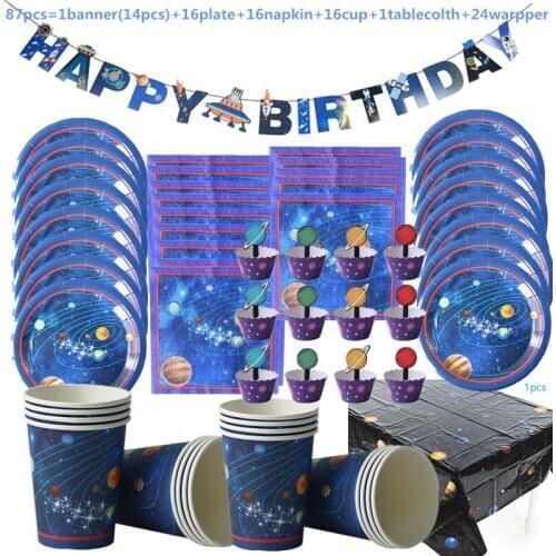 87pcs Outer Space Disposable Party Tableware Set Galaxy Solar System Theme Party Boy Kids Birthday Party Decoration Favors