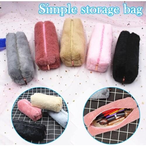 New Cute Plush Pencil Pen Pouch Faux Fur Lightweight Large Capacity Stationary Cosmetics Bags for Students Girls