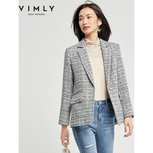 Vimly Women Blazers Autumn Spring Elegant Lapel Single Button Tweed Jacket Slim Business Casual Coat Female F3728