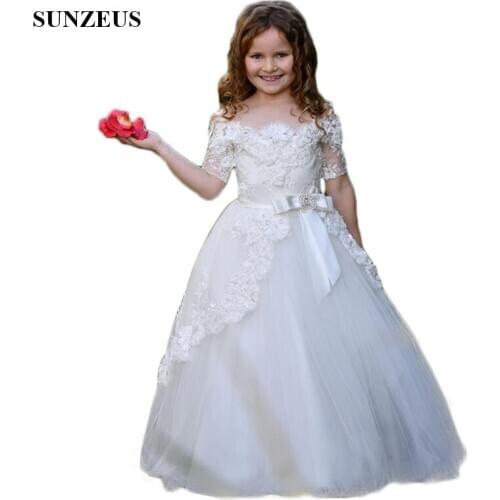 Half Sleeve with Lace Appliques Cuet Flower Girls Dresses Waist Bow Charming First Communion Dresses Ball Gown