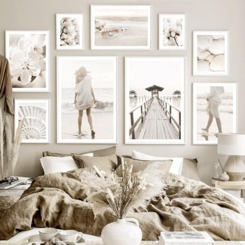 Beach Walk Girl Magnolia Flower Pearl Shell Bridge Wall Art Prints Canvas Painting Nordic Poster Decor Pictures For Living Room