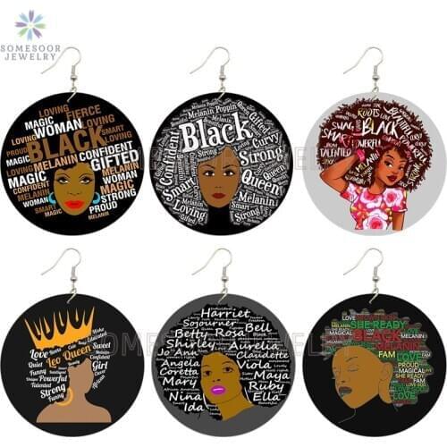SOMESOOR Black Leo Queen Afro Curvy Wooden Drop Earrings Sweet Girl Powerful Melanin Sayings Printed Loops Dangle For Women Gift