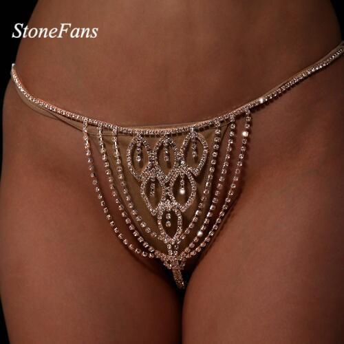 StoneFans Bridal Leaf Rhinestone Thong Panties Crystal Belly Waist Body Chain Jewelry Cute Sexy Bikini Rhinestone Underwear Gift