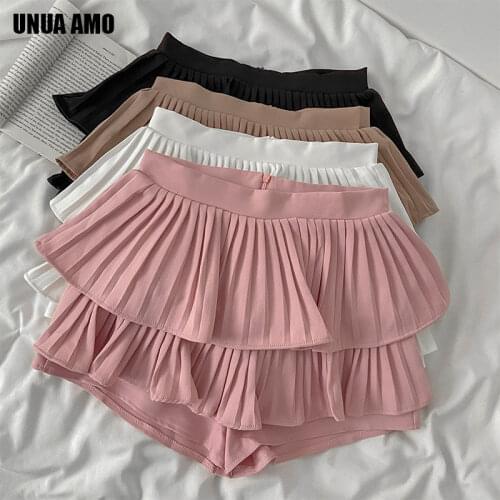 Unua amo Summer Pleated Cupcake Shorts Skirts Women Casual All-match Fashion High Waist Wide Leg Shorts Vetement Femme 2021