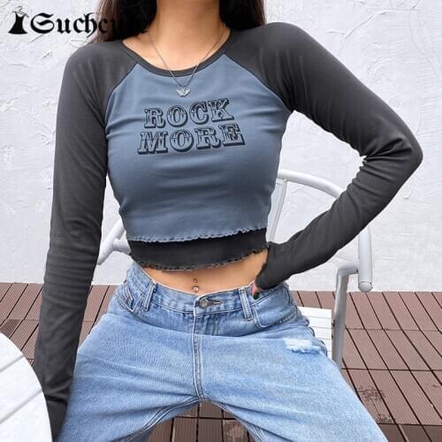 SUCHCUTE 2021 Spring Fake 2 Pieces Cropped Tshirt For Women y2k Aesthetic Long Sleeve Fitness T-Shirt Casual Basic 90s Outfits