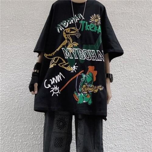 Women T-Shirt Y2K Kpop Harajuku Vintage Korean Black Punk Streetwear Short Sleeve Anime Clothes Loose Dinosaur Cartoon Print Top