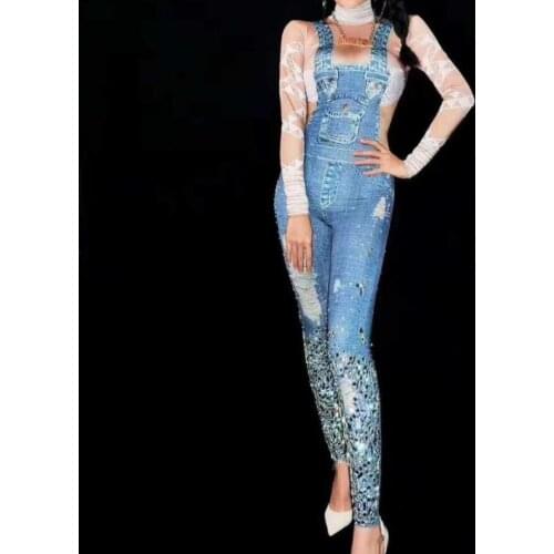 Womens Nightclub Stage Performance Denim Overalls 2020 New Rhinestone Stitching Washed Hole Denim Trousers